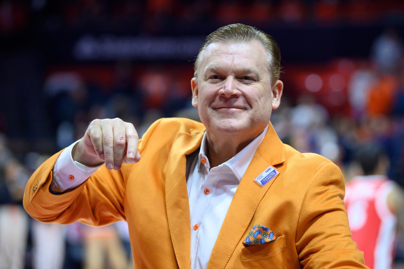 Illinois head coach Brad Underwood looks on before an NCAA college basketball game against Ohio State, Sunday, Feb. 2, 2025, in Champaign, Ill. (AP Photo/Craig Pessman)