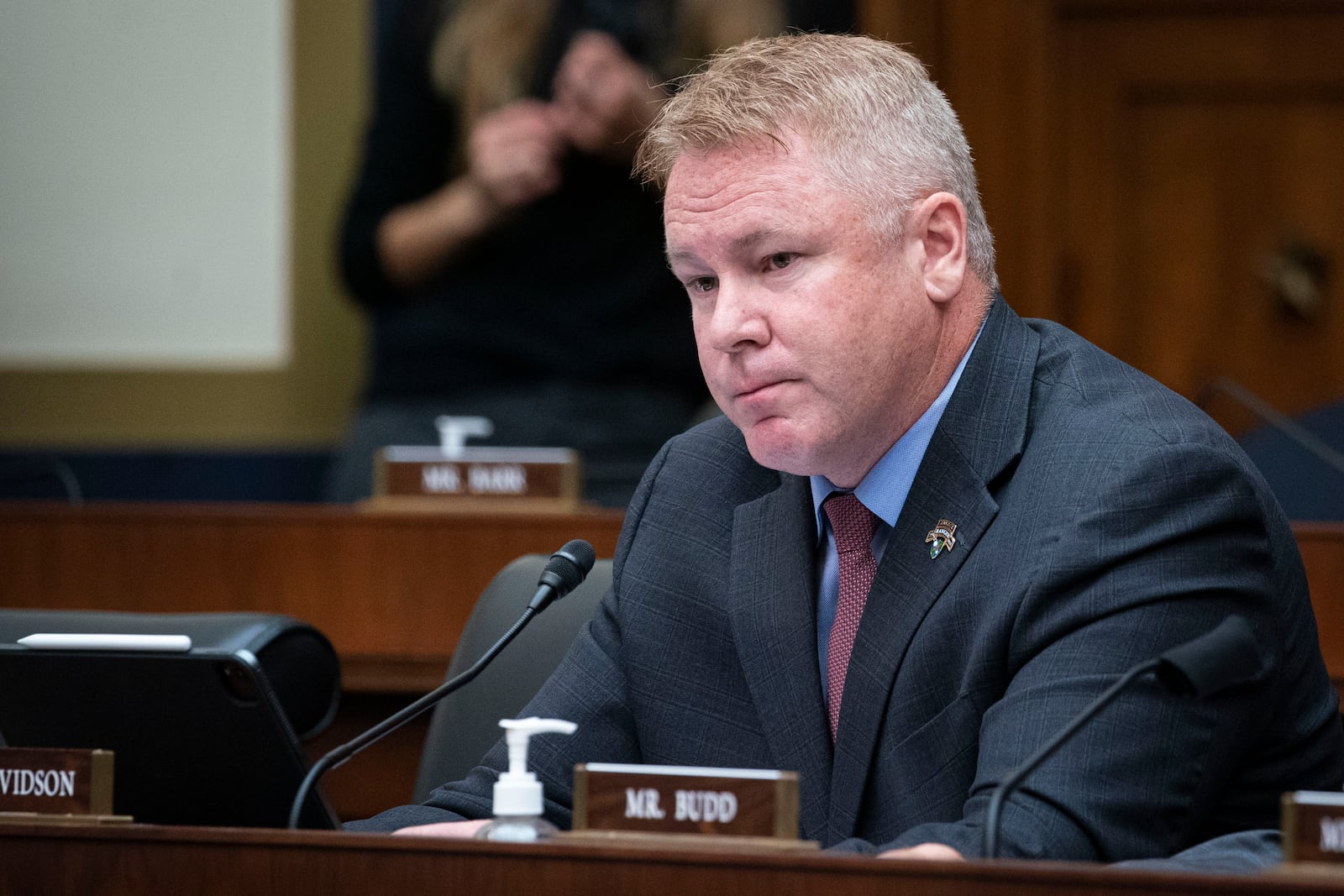 Rep. Warren Davidson, R-Ohio, listens during a House Financial Services Committee hearing, Thursday, Sept. 30, 2021 on Capitol Hill in Washington. (Al Drago/Pool via AP)