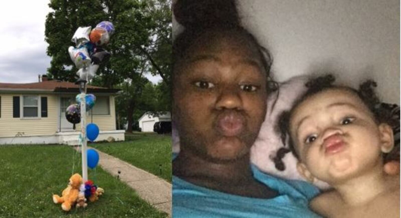 Left, a memorial is set up outside the Wheeler Avenue home in Harrison Twp. where 2-year-old Jvontae Johnston was accidentally shot to death. Right, Jvontae Johnston and his sister, Krislanae Johnston, make silly faces for the camera.