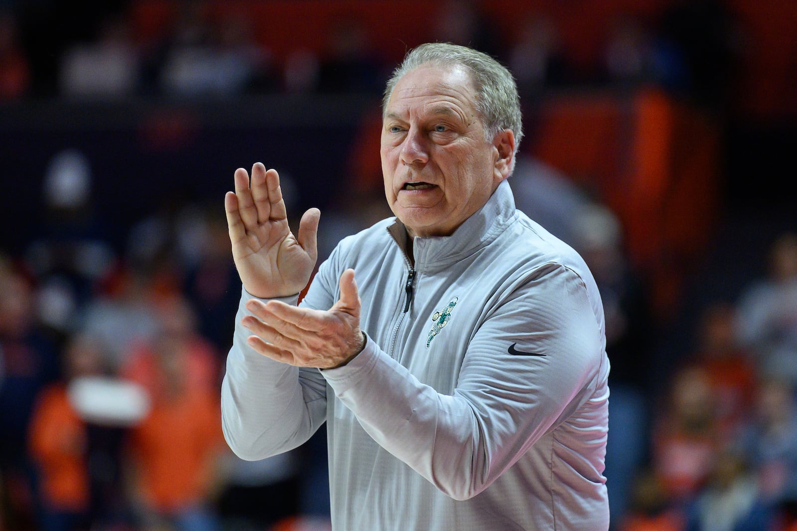 Michigan State head coach Tom Izzo during the first half of an NCAA college basketball game against Illinois, Saturday, Feb. 15, 2025, in Champaign, Ill. (AP Photo/Craig Pessman)