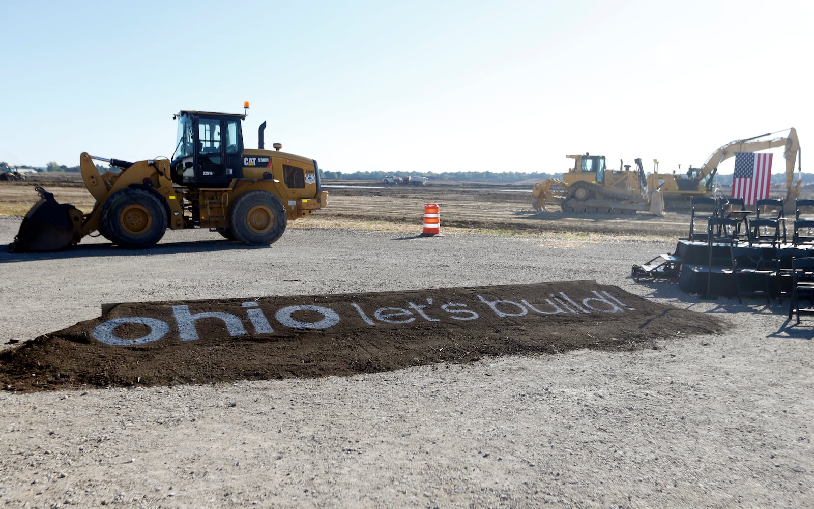 The ground breaking site is seen before the groundbreaking ceremony for the new Intel semiconductor manufacturing facility in Licking County, Ohio, Friday, Sept. 9, 2022. (AP Photo/Paul Vernon)