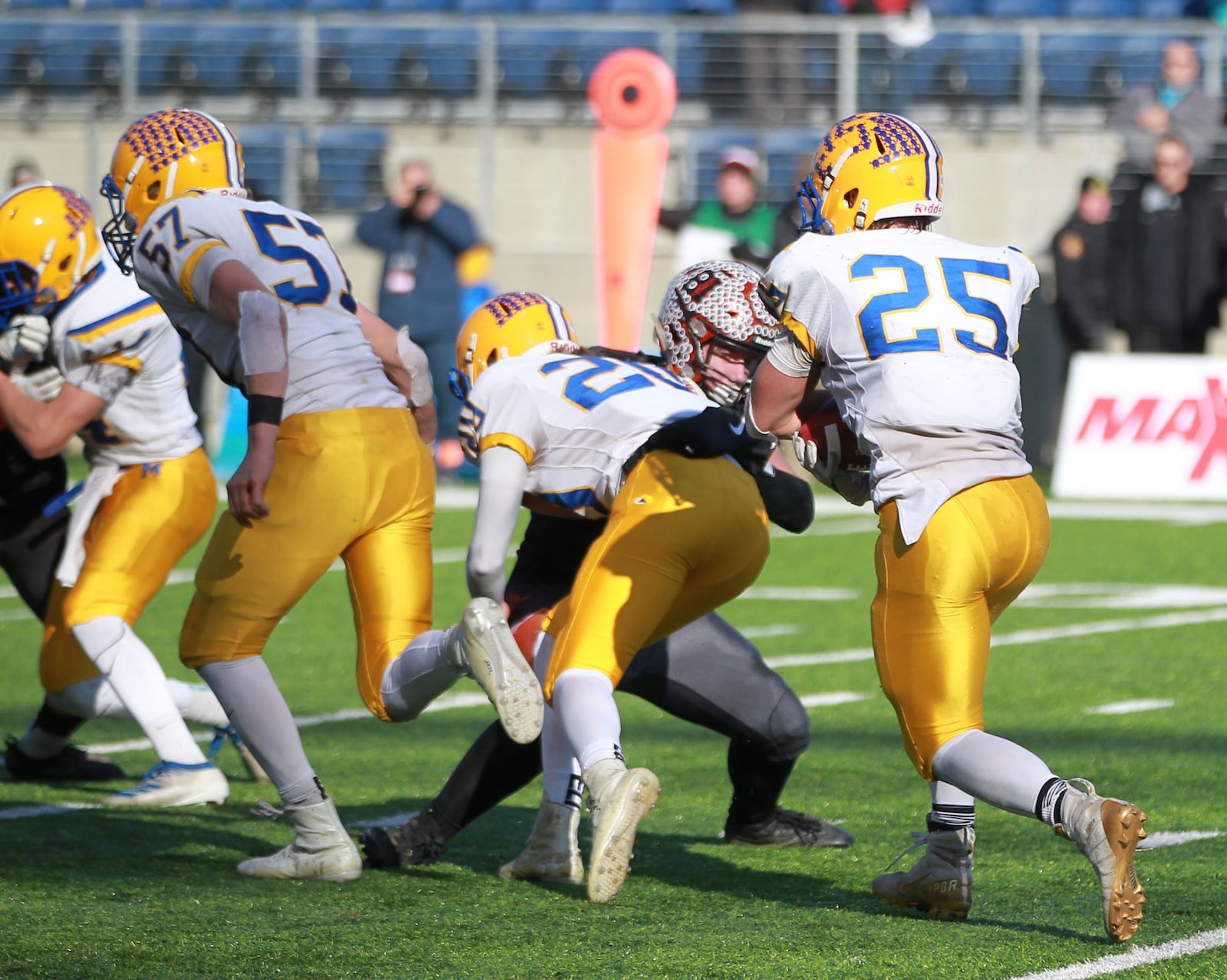 Brandon Fleck of Marion Local (25) scored three touchdowns. Marion Local defeated Lucas 28-6 in a Division VII high school football state championship at Tom Benson Hall of Fame Stadium in Canton on Saturday, Dec. 7, 2019. MARC PENDLETON / STAFF