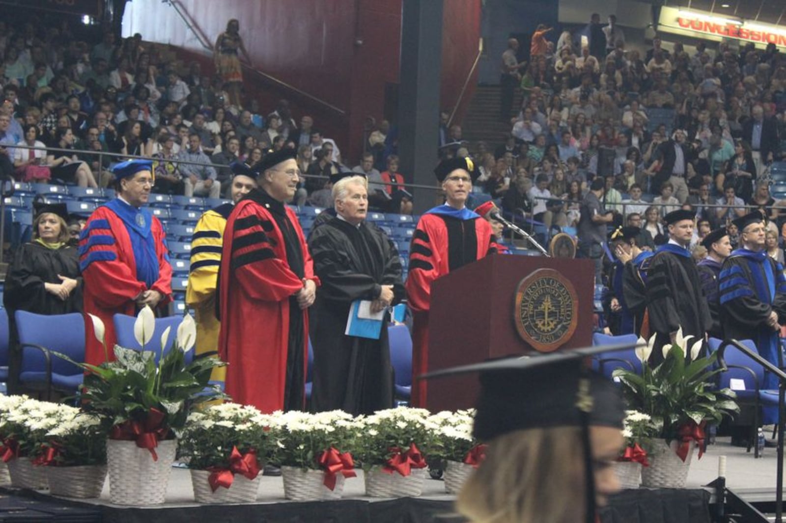 More than 1,400 undergraduate University of Dayton students received diplomas during a commencement ceremony Sunday, May 3, 2015, at UD Arena. Actor Martin Sheen was awarded a honorary doctor of humane letters degree, in recognition of his lifelong commitment to peace, social justice, and human rights, the university said in a statement. RANDY RAGSDALE / STAFF