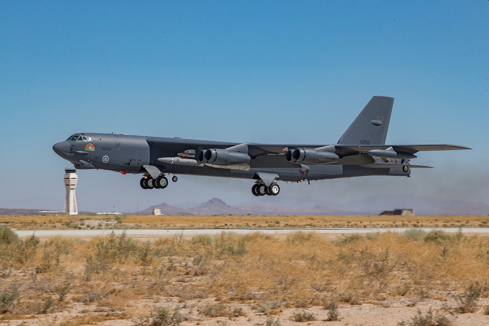 A B-52H Stratofortress assigned to the 419th Flight Test Squadron takes off from Edwards Air Force Base, Calif., Aug. 8. The aircraft conducted a captive-carry flight test of the AGM-183A Air-launched Rapid Response Weapon Instrumented Measurement Vehicle 2 hypersonic prototype at the Point Mugu Sea Range off the Southern California coast. (U.S. Air Force photo/Matt Williams)