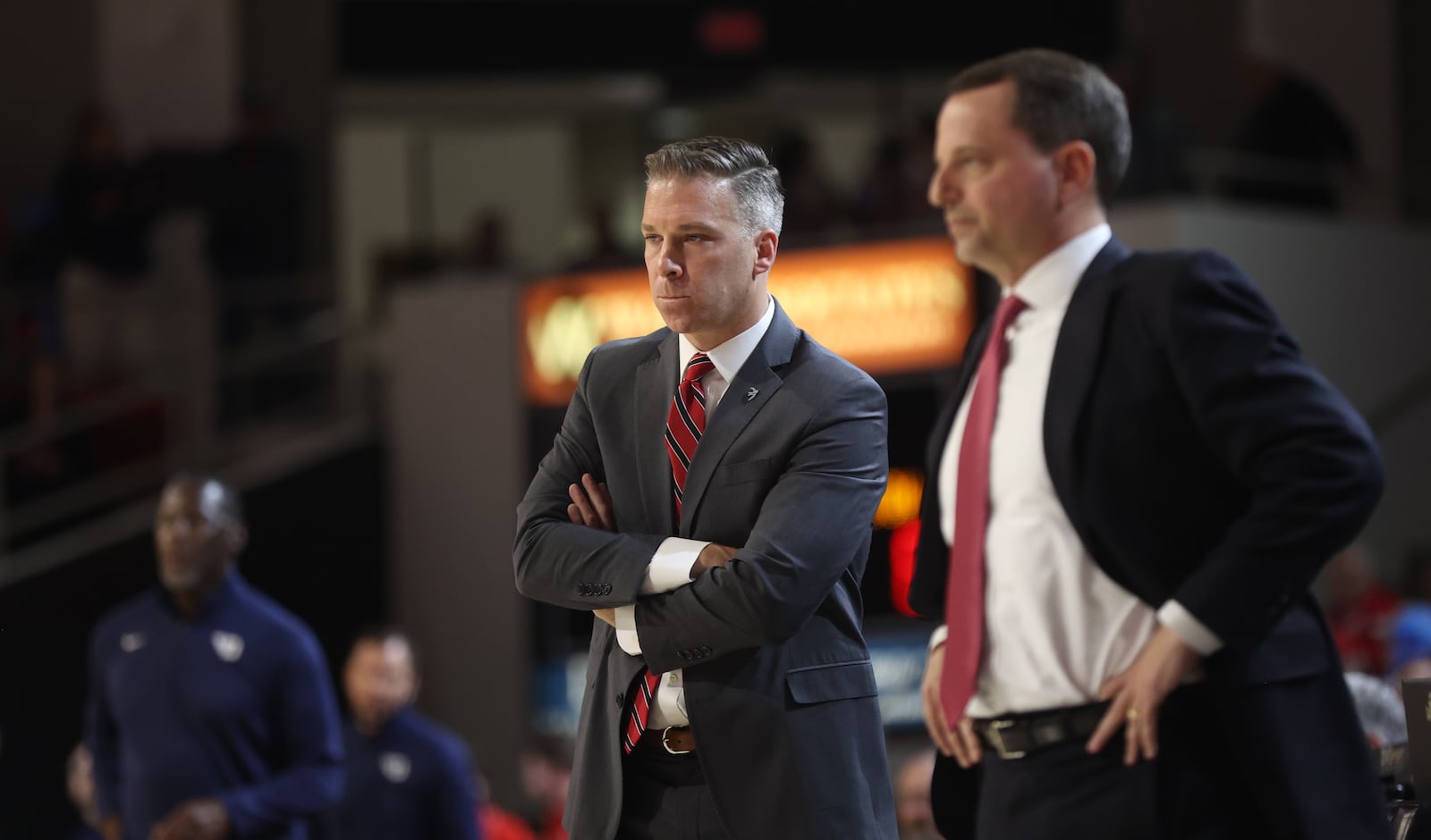 Davidson's Matt McKillop coaches during a game against Dayton on Wednesday, Jan. 3, 2024, at Belk Arena in Davidson, N.C. David Jablonski/Staff