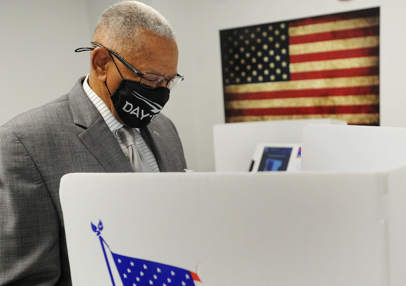 Jeff Mims, Jr., candidate for Dayton Mayor and current Dayton City Commissioner, voted early at the Montgomery County Board of Elections, Friday, April 30. MARSHALL GORBY\STAFF