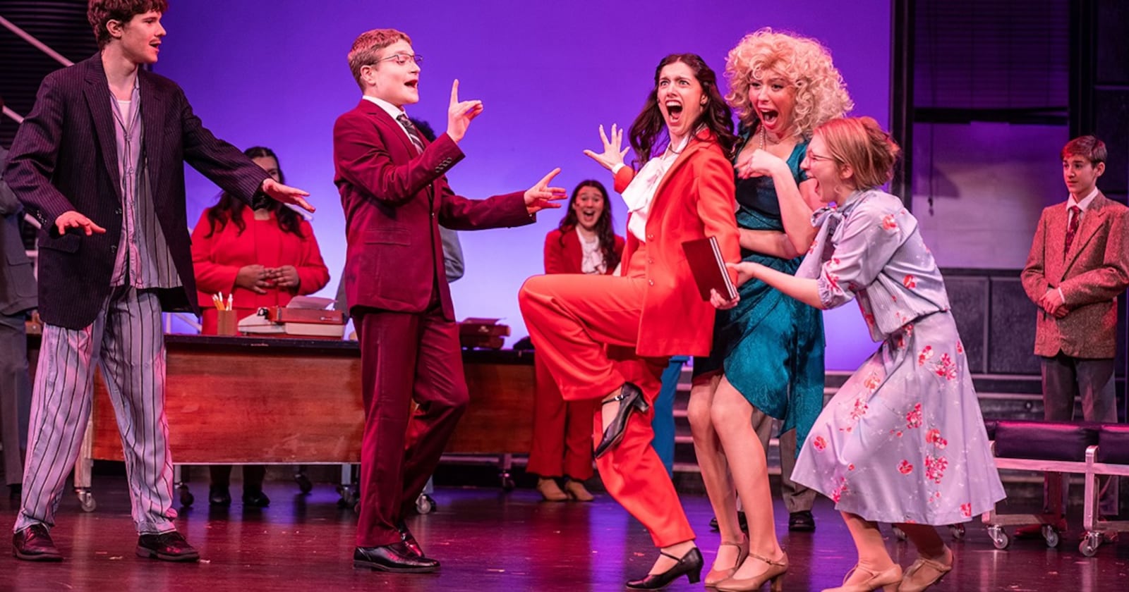 Left to right: Jack Wyant (Franklin Hart, Jr.), Connor Czapor (Tinsworthy), Maggie Weckesser (Violet Newstead), Lucy Dennis (Doralee Rhodes), and Addison Haines (Judy Bernly) in Muse Machine's production of "9 to 5: The Musical." FACEBOOK PHOTO