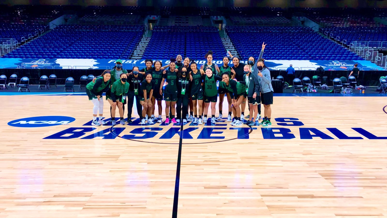 The Wright State University women's basketball players pose for a team photo after their final practice of the day Thursday at the Alamodome in San Antonio. Contributed