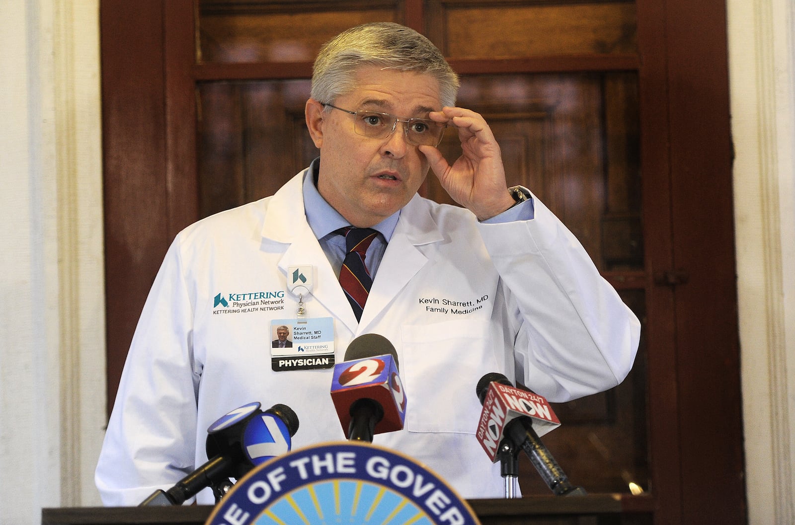 Dr. Kevin Sharrett spoke as part of a press conference with Ohio Gov. Mike DeWine Wednesday, Nov. 18, 2021.  Sharrett is Kettering Health Network’s medical director for rural health. MARSHALL GORBY\STAFF