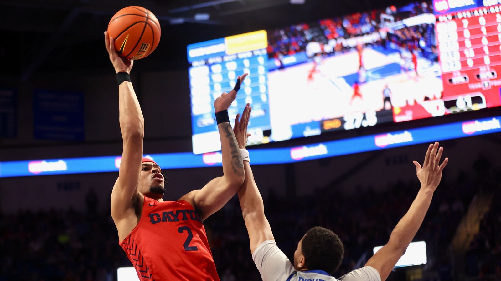 Dayton's Toumani Camara misses a game-tying shot in the final minute against Saint Louis on Friday, March 3, 2023, at Chaifetz Arena in St. Louis, Mo. David Jablonski/Staff