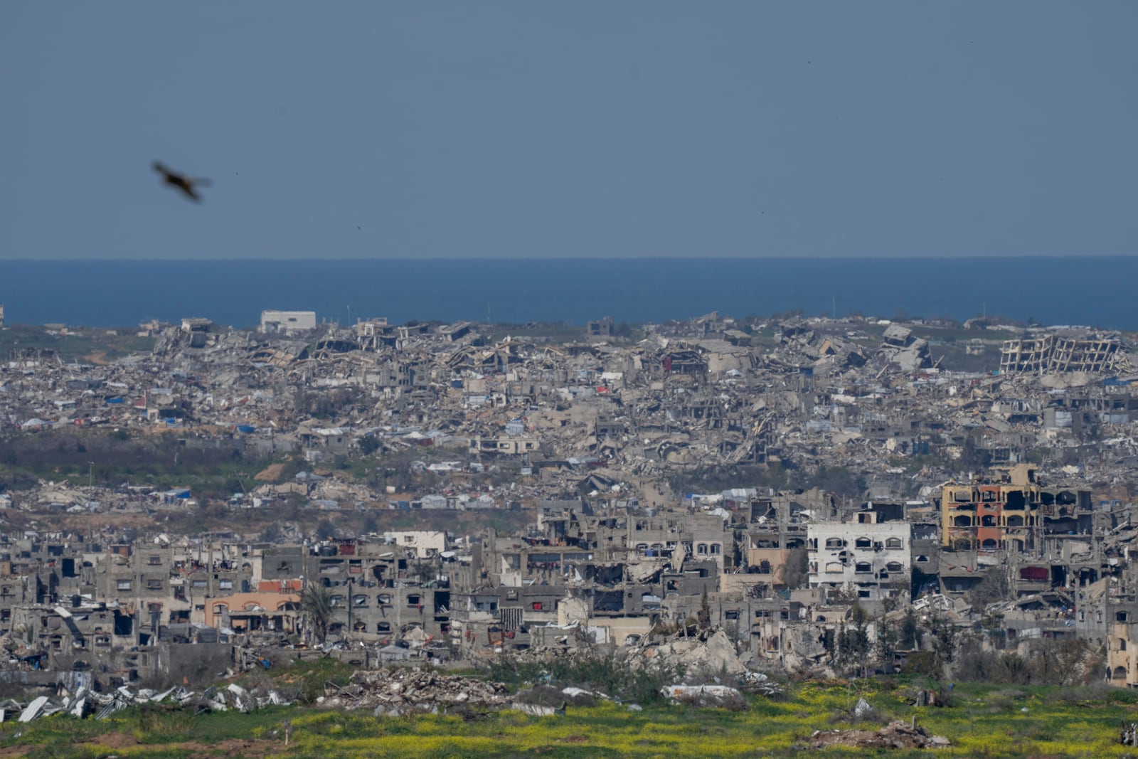 Destroyed buildings in the Gaza Strip as seen from southern Israel, Tuesday, Feb. 25, 2025. (AP Photo/Ohad Zwigenberg)