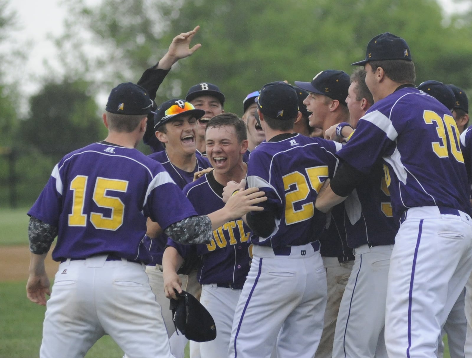 Butler players celebrate. Butler defeated Springboro 4-3 in a D-I high school baseball sectional final at Northmont on Thu., May 17, 2018. MARC PENDLETON / STAFF