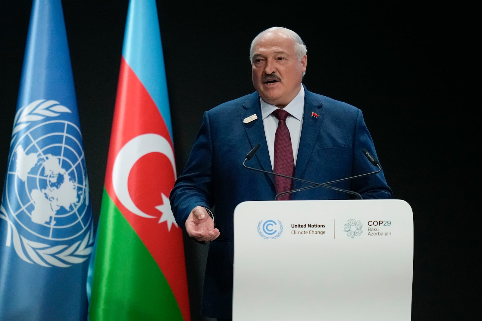 Belarus President Aleksandr Lukashenko speaks during a plenary session at the COP29 U.N. Climate Summit, Tuesday, Nov. 12, 2024, in Baku, Azerbaijan. (AP Photo/Rafiq Maqbool)