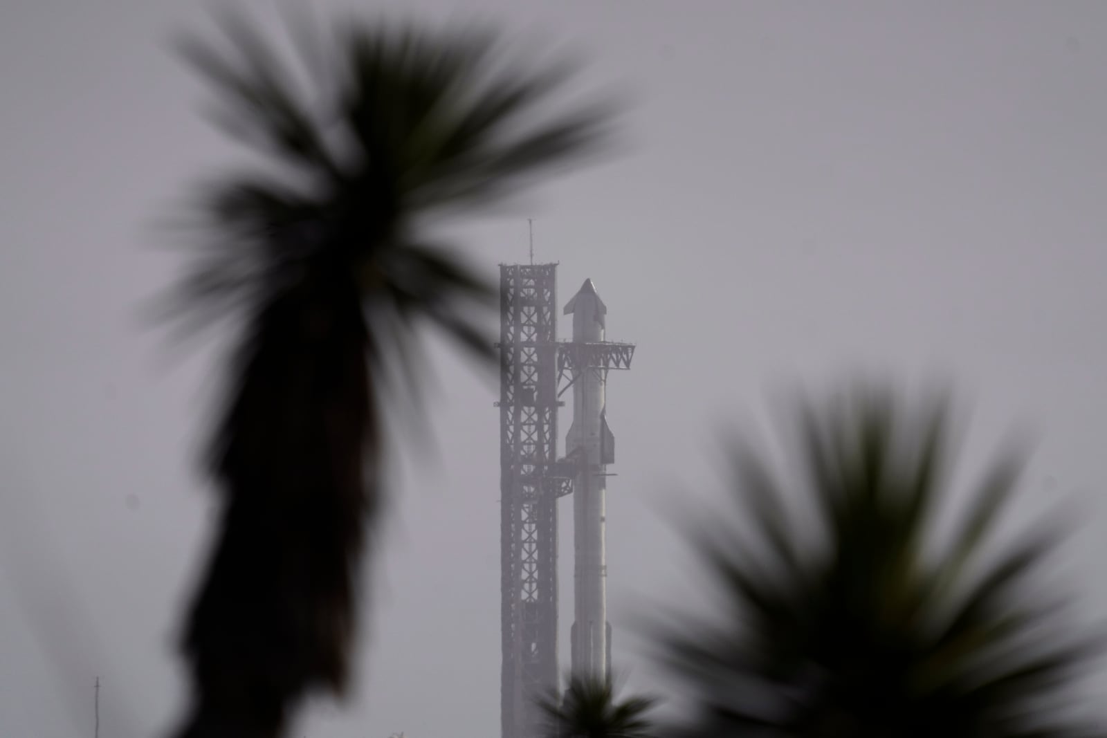 SpaceX's mega rocket Starship is prepared for a test flight in stiff winds from Starbase in Boca Chica, Texas, Thursday, March 6, 2025. (AP Photo/Eric Gay)