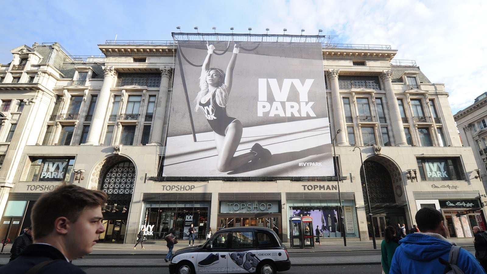 General view of Topshop in London with Beyonce's Ivy Park collection advertisement as it goes on sale at Topshop on April 14, 2016 in London, England. Beyonce has relaunced the brand with adidas.