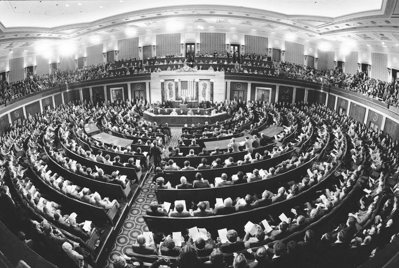 FILE - A wide-angle lens captures the assembled members of Congress in the House Chamber for Carter's State of The Union address in Washington on Jan. 23, 1980. (AP Photo, File)