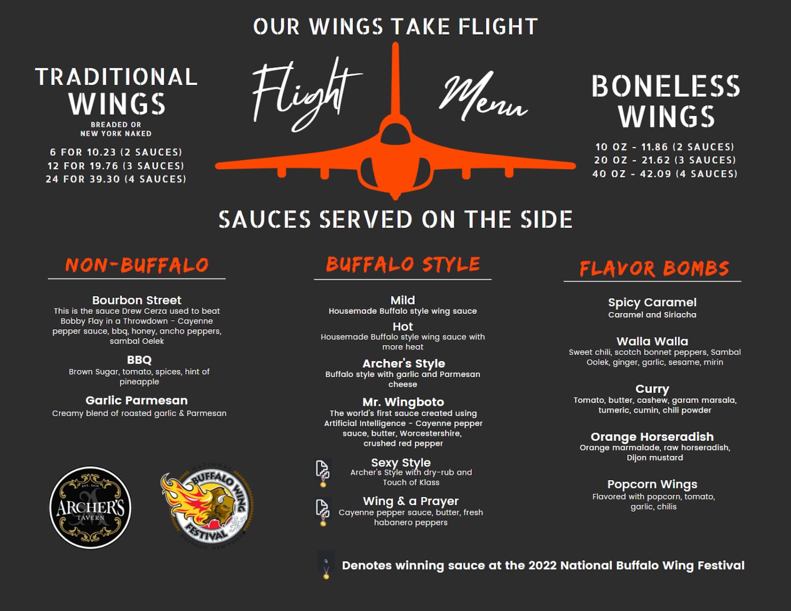 The owners of Archer’s Tavern in Centerville and Kettering and Stone House Tavern in Waynesville are adding wing flights to their menus, in addition to five new sauces (CONTRIBUTED PHOTO).