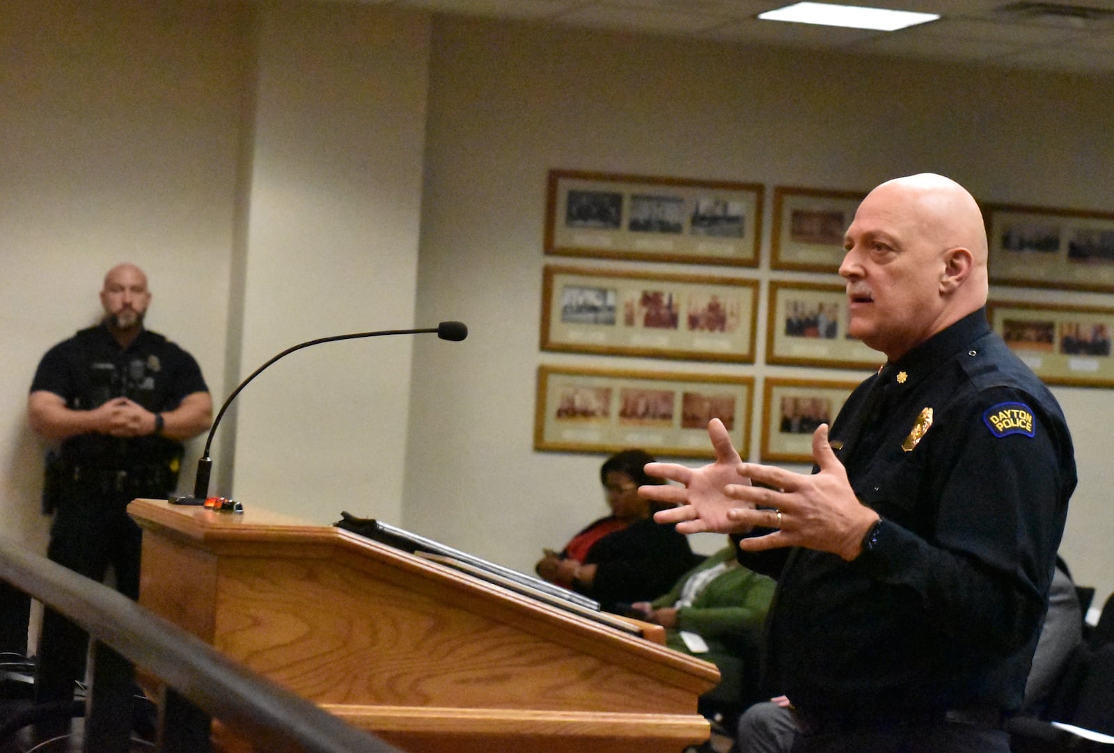 Dayton Police Department Major Paul Saunders discusses automated license plate readers at a Dayton City Commission meeting on Wednesday, Nov. 29, 2023. CORNELIUS FROLIK / STAFF