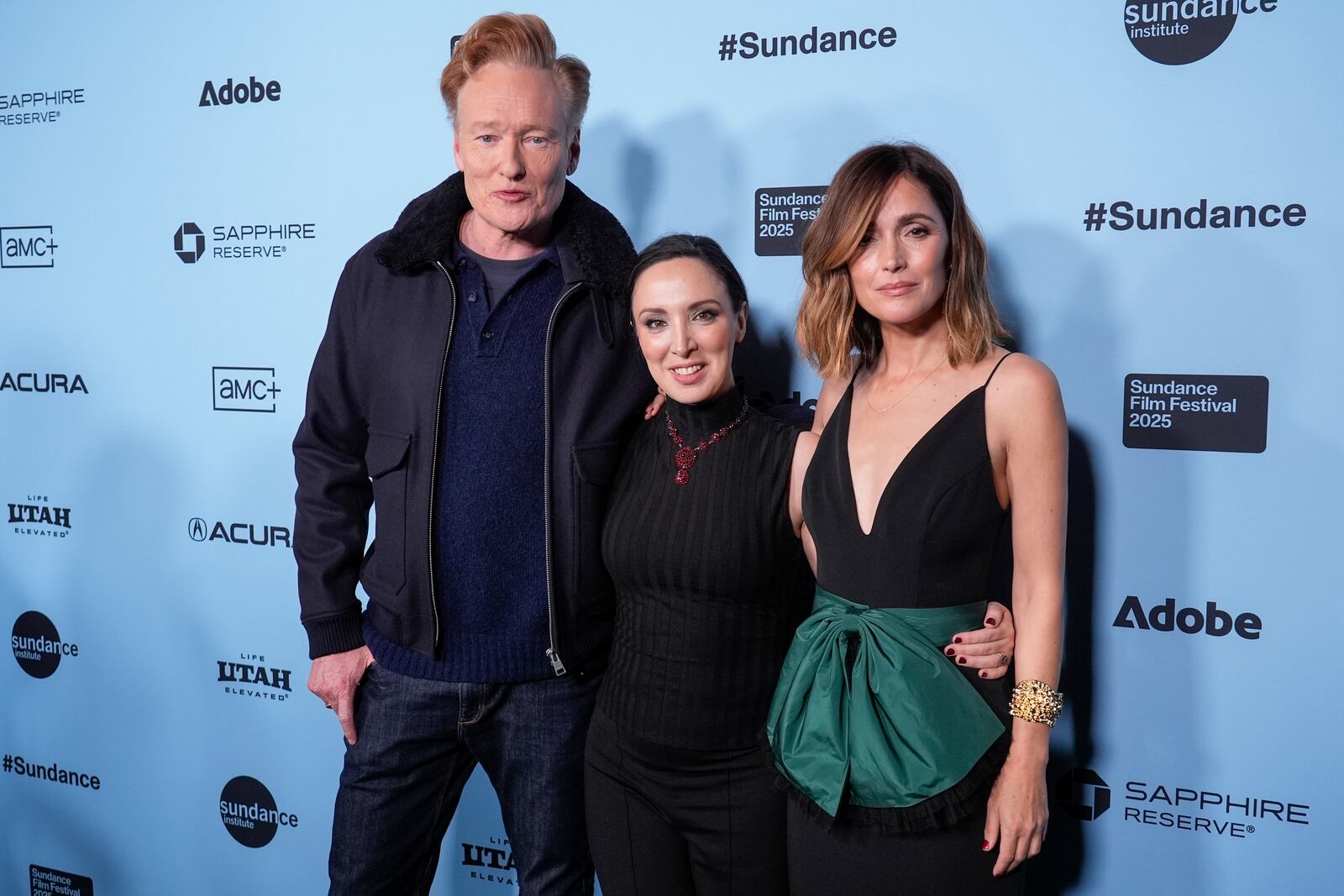 Conan O'Brien, from left, Mary Bronstein, and Rose Byrne attend the premiere of "If I Had Legs I'd Kick You" during the Sundance Film Festival on Friday, Jan. 24, 2025, at Library Theatre in Park City, Utah. (AP Photo/Chris Pizzello)