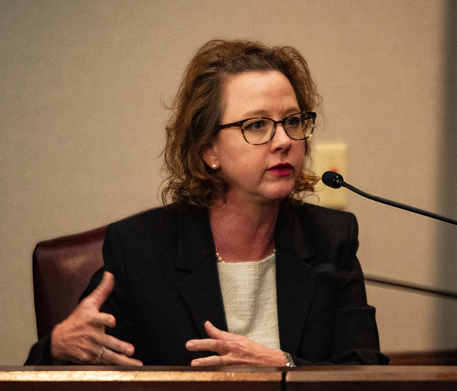 Jackie Johnson testifies in her own behalf in her trial on the single remaining charge of violating her oath of office, Tuesday, Feb. 4, 2025, in Brunswick, Ga. (Terry Dickson/The Brunswick News via AP, Pool)