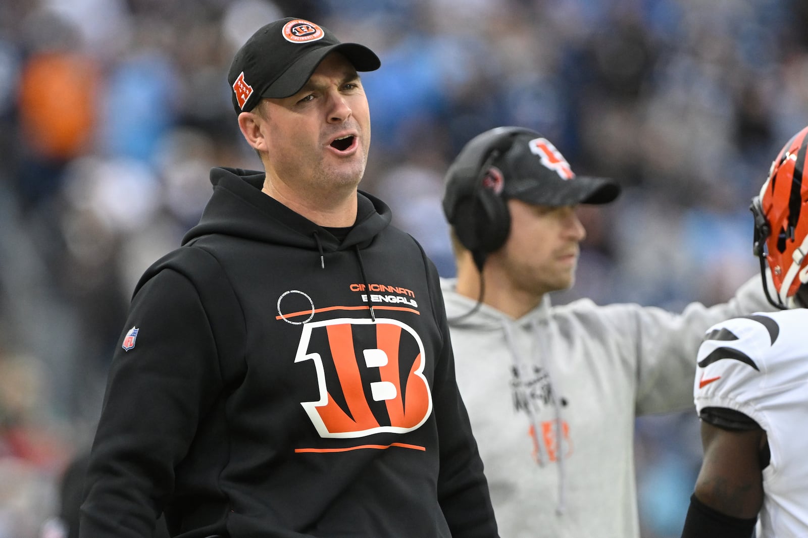 Cincinnati Bengals head coach Zac Taylor reacts during the first half of an NFL football game against the Tennessee Titans, Sunday, Dec. 15, 2024, in Nashville, Tenn. (AP Photo/John Amis)