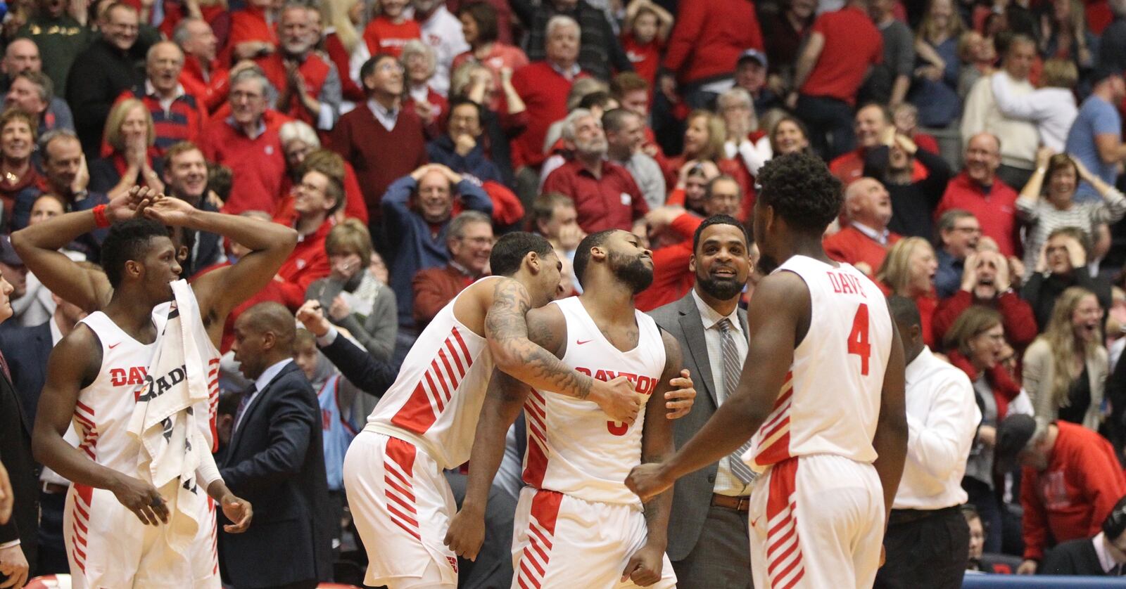 Dayton’s Trey Landers reacts after missing what would have been a game-winning tip-in at the buzzer in the second half against Rhode Island on Friday, March 1, 2019, at UD Arena. David Jablonski/Staff