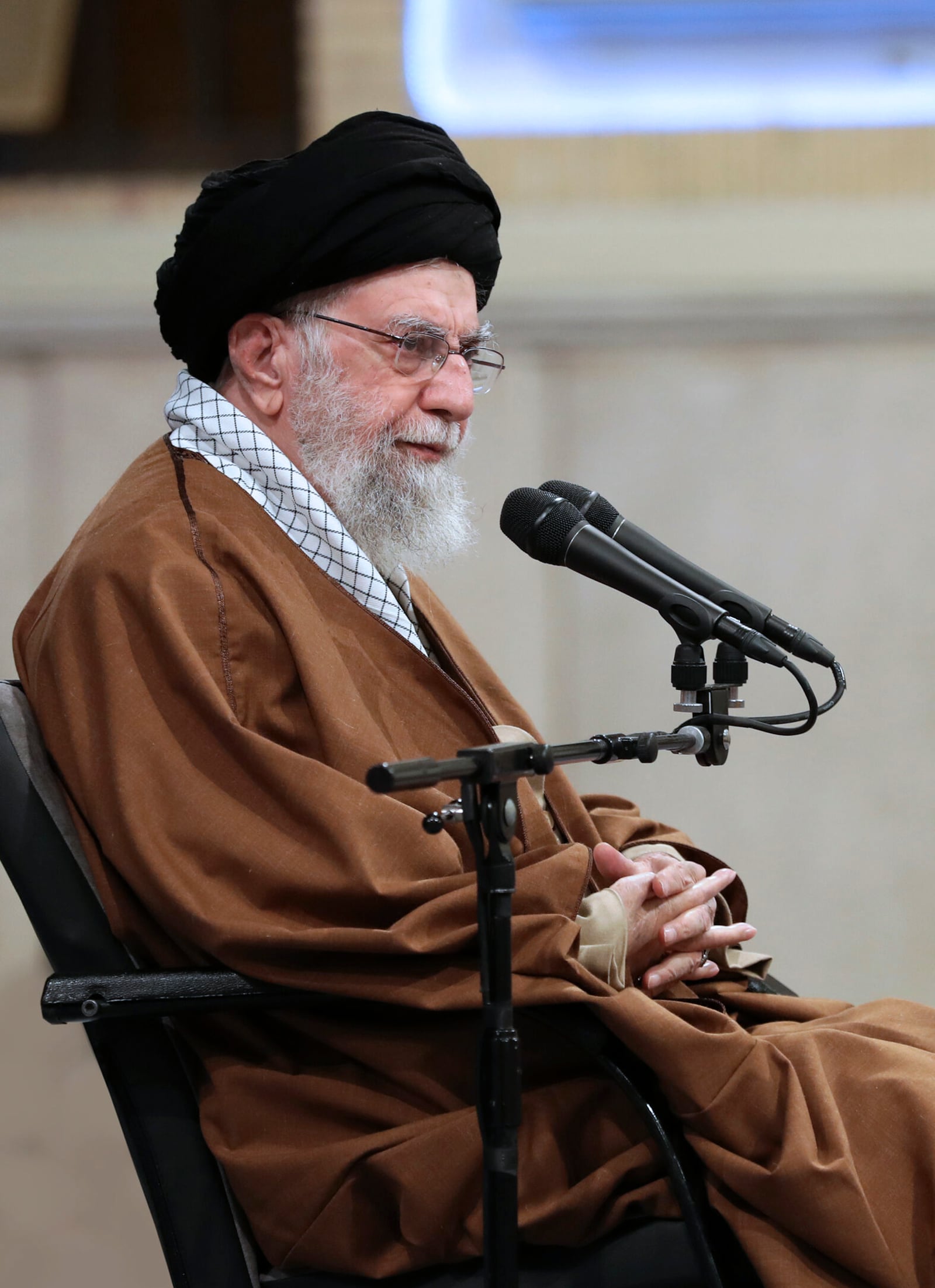 In this photo released by the official website of the office of the Iranian supreme leader, Supreme Leader Ayatollah Ali Khamenei attends a meeting with a group of air force officers in Tehran, Iran, Friday, Feb. 7, 2025. (Office of the Iranian Supreme Leader via AP)