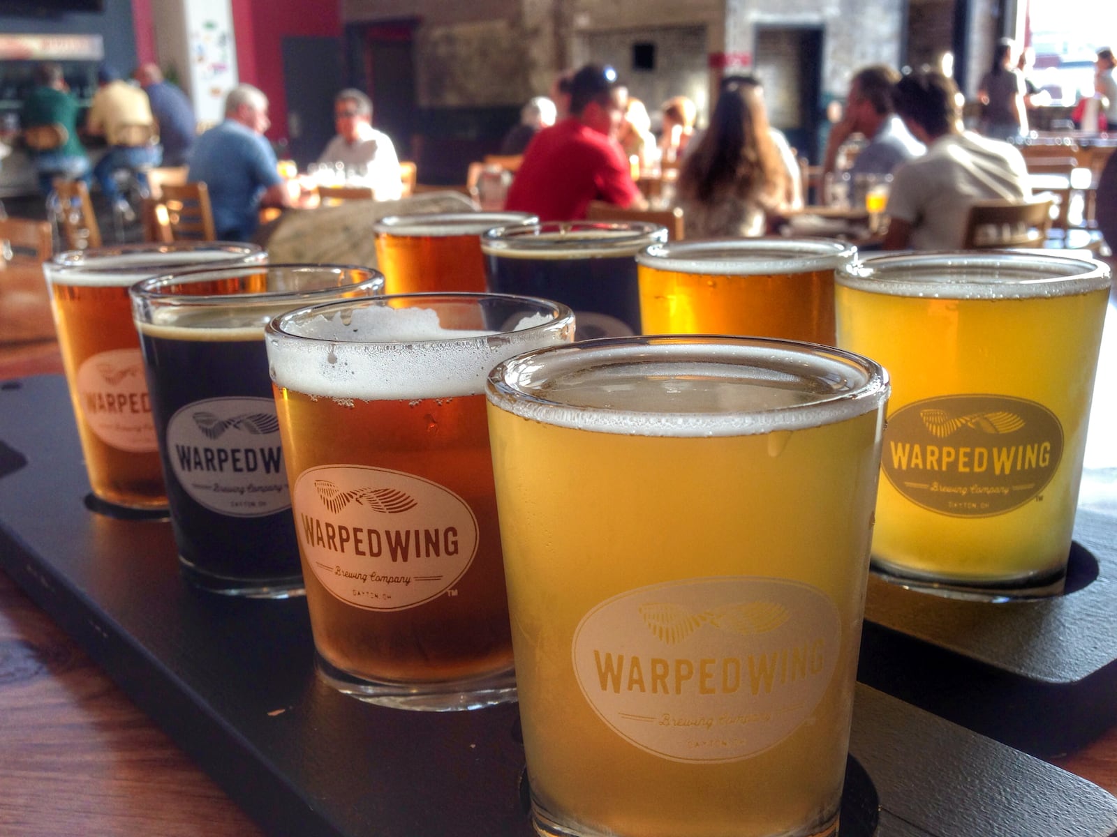 A beer flight at Warped Wing Brewing Company at 26 Wyandot St. in Downtown Dayton. CONNIE POST/STAFF PHOTO