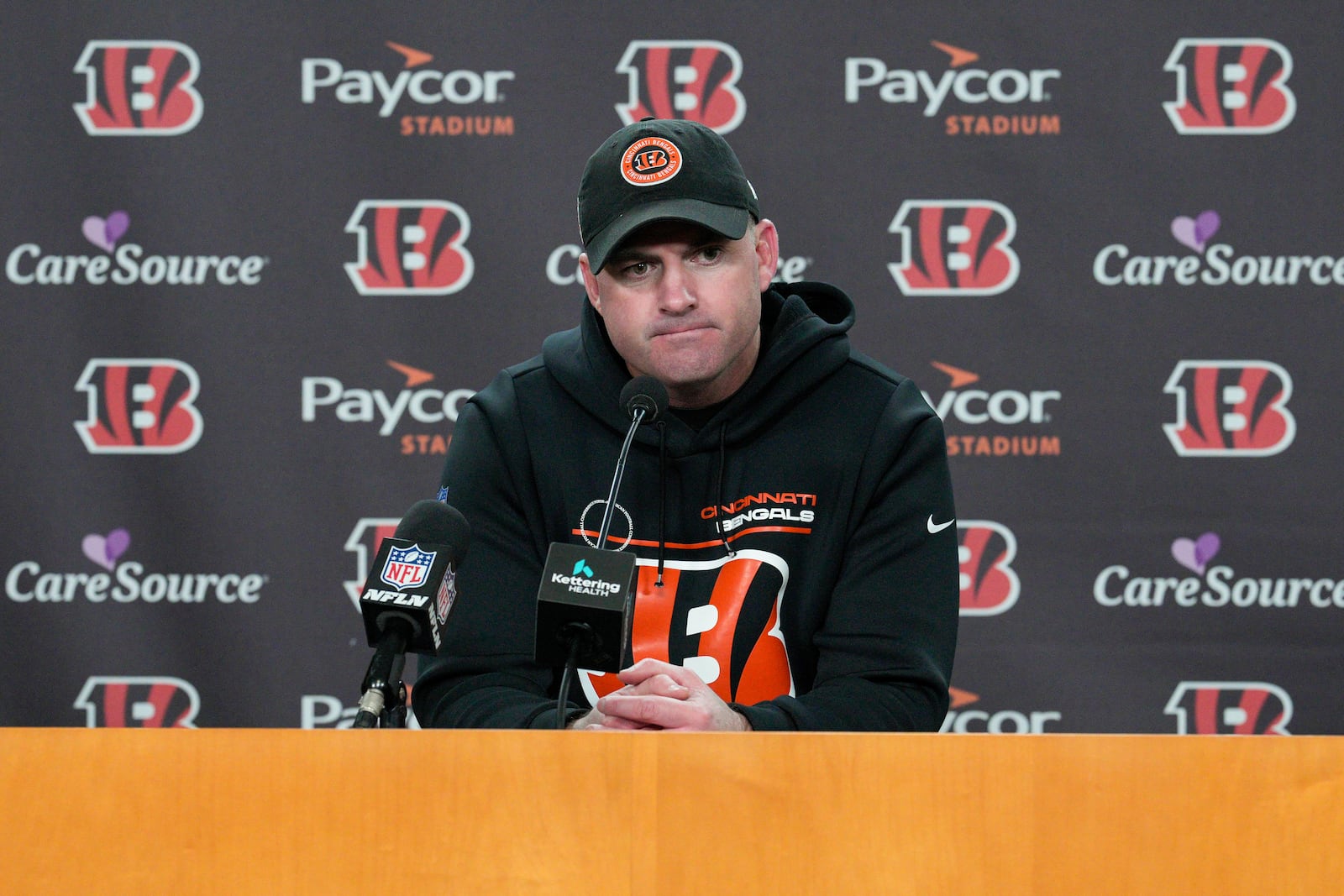 Cincinnati Bengals head coach Zac Taylor speaks to reporters after the team's NFL football game against the Pittsburgh Steelers, Sunday, Dec. 1, 2024, in Cincinnati. (AP Photo/Jeff Dean)