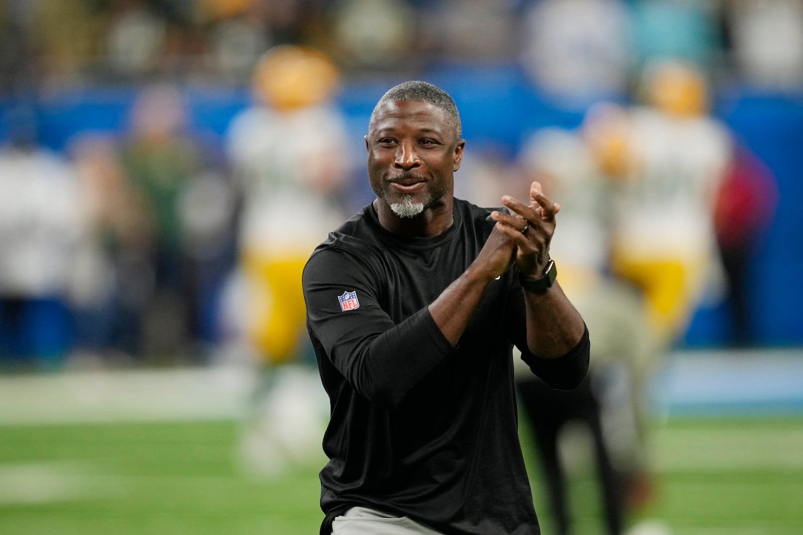 FILE - Detroit Lions defensive coordinator Aaron Glenn looks on during pregame of an NFL football game against the Green Bay Packers, Nov. 6, 2022, in Detroit. (AP Photo/Paul Sancya, File)