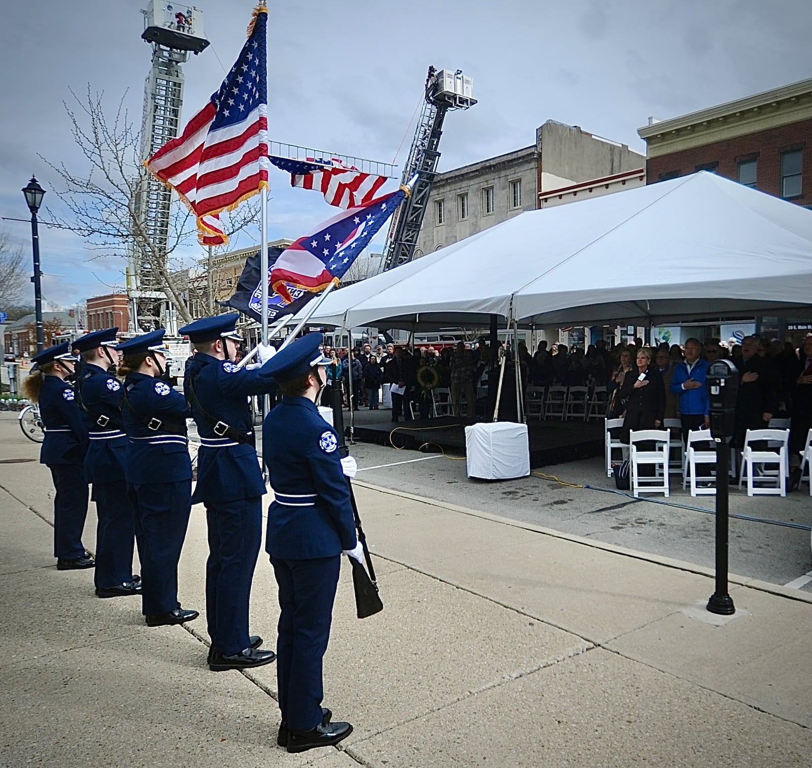 The Xenia High School JROTC, did the presentation of colors April 3, 2024, during the commemorative ceremony "50 Years Later: Remembering the Xenia Tornado." The event was held on Main Street in downtown Xenia. MARSHALL GORBY\STAFF