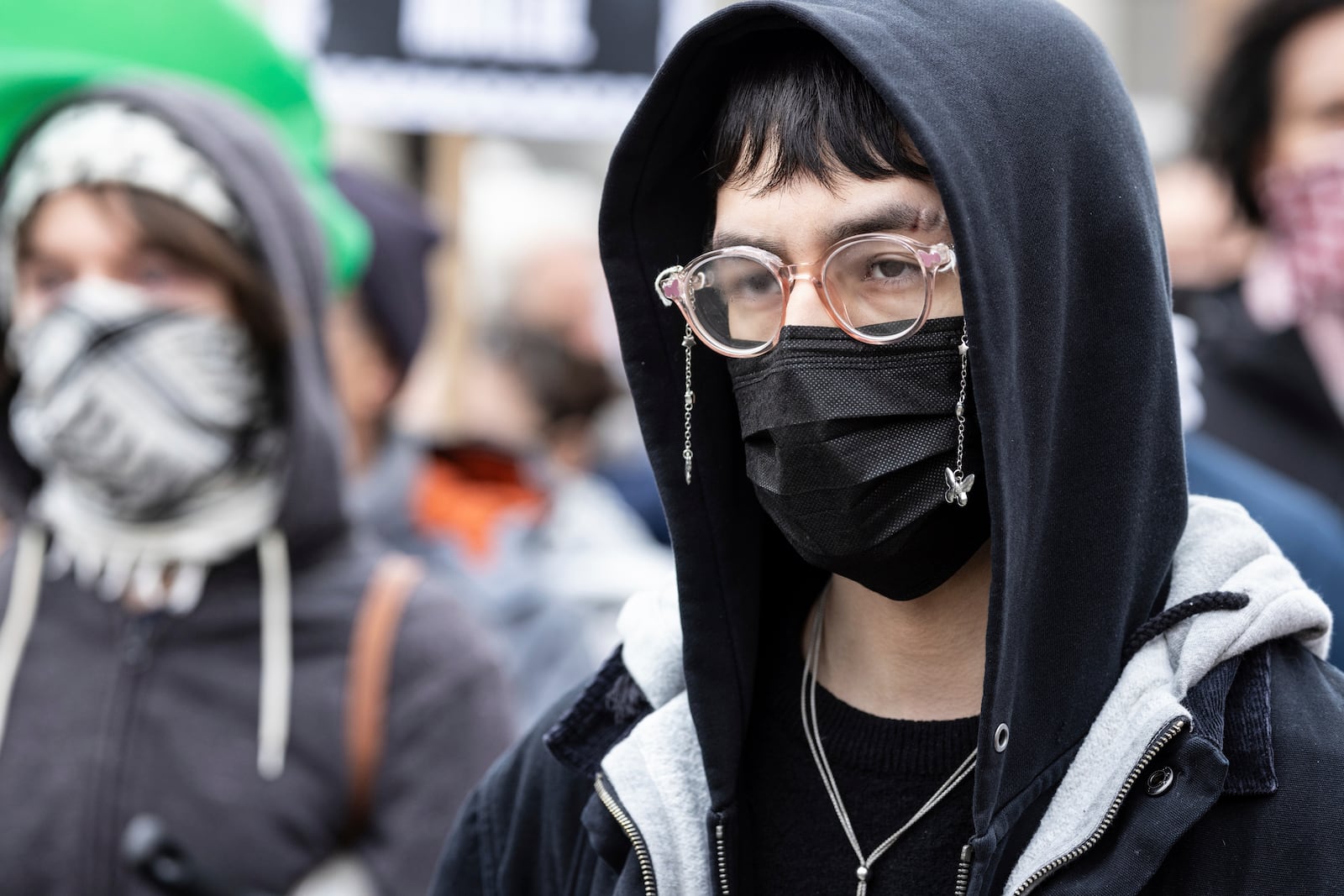 A person in Foley Square, outside the Manhattan federal court, in support of Mahmoud Khalil, Wednesday, March 12, 2025, in New York. (AP Photo/Stefan Jeremiah)