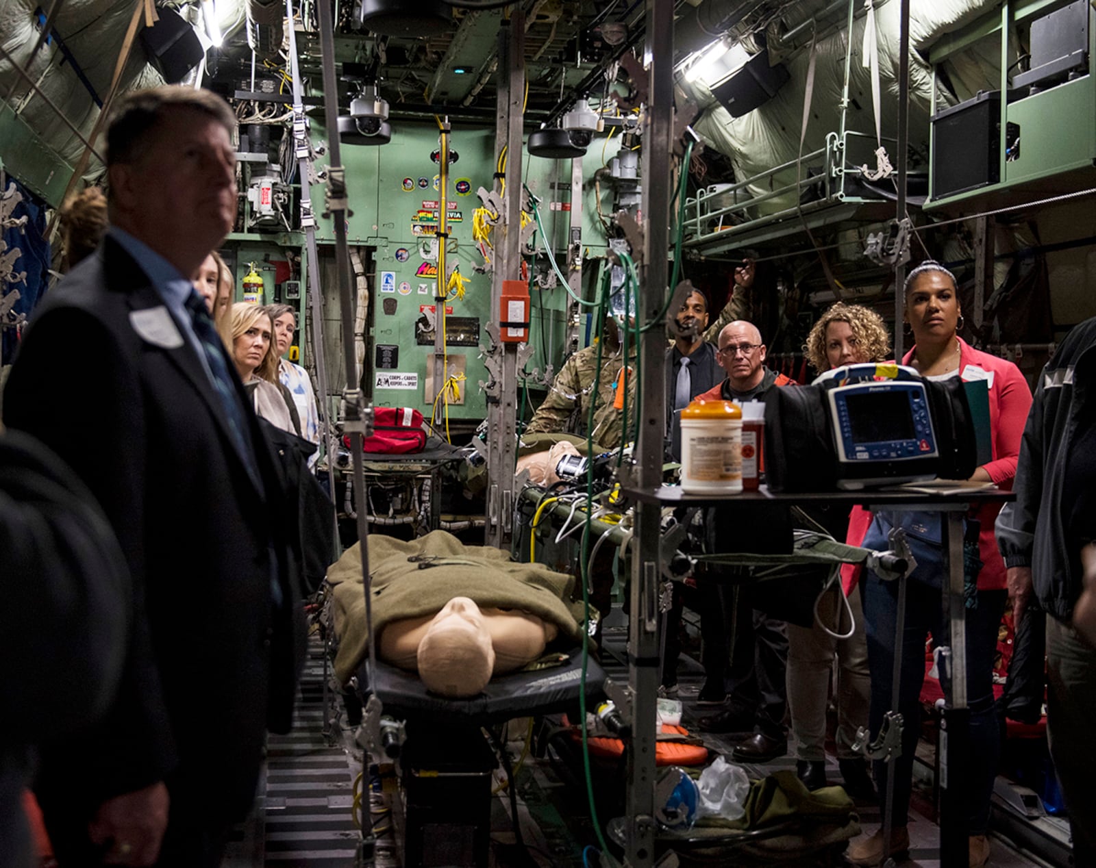 Members of Leadership Dayton receive a tour of the inside of a training facility at U.S. Air Force School of Aerospace Medicine April 13 at Wright-Patterson Air Force Base. U.S. AIR FORCE PHOTO/JAIMA FOGG