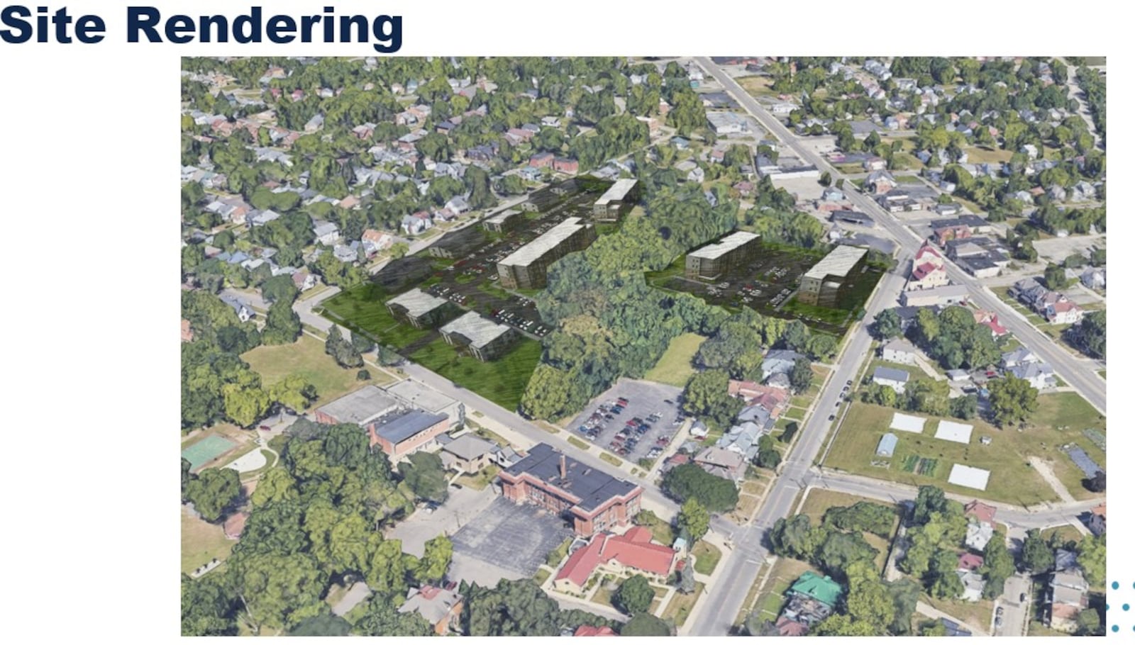 A site rendering of new proposed housing for the former Julienne school property in Dayton's Five Oaks neighborhood. CONTRIBUTED