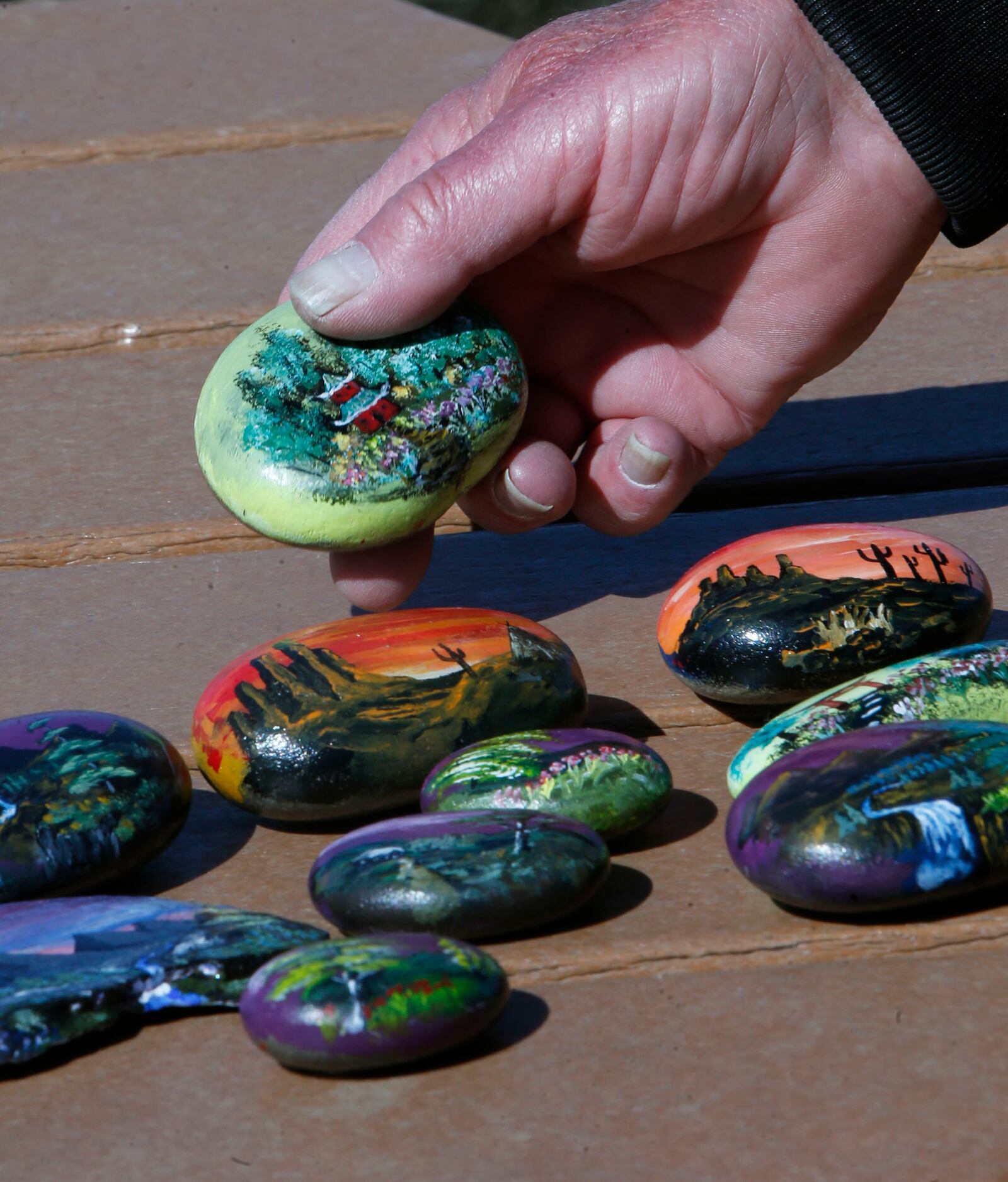 Don Thorn shows some of the rocks he has painted before placing them around Springfield Lake on April 20, 2018, in Springfield Township, Ohio. (Karen Schiely/Akron Beacon Journal/TNS)