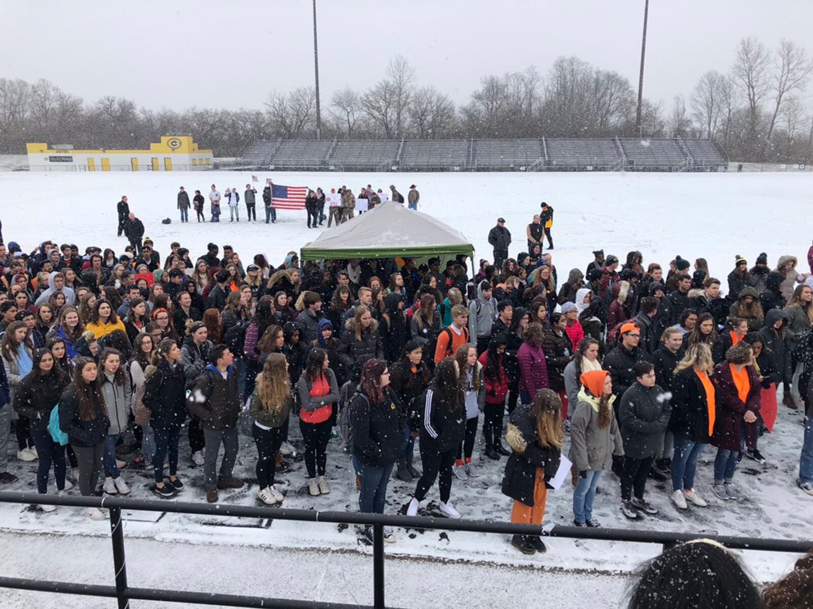 Students walked out at Centerville High School. About 10 counter protesters were on scene. @NikitaSandella / CONTRIBUTED