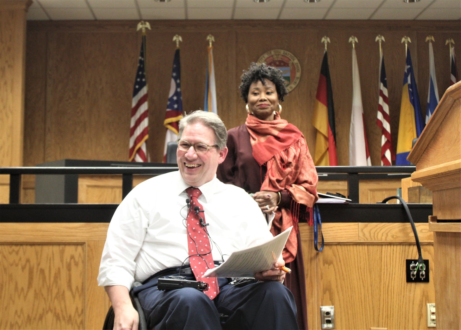 Dayton City Commissioners Darryl Fairchild and Shenise Turner-Sloss at a press conference on Friday where they discussed their lack of support for the 2023 recommended city budget. CORNELIUS FROLIK / STAFF