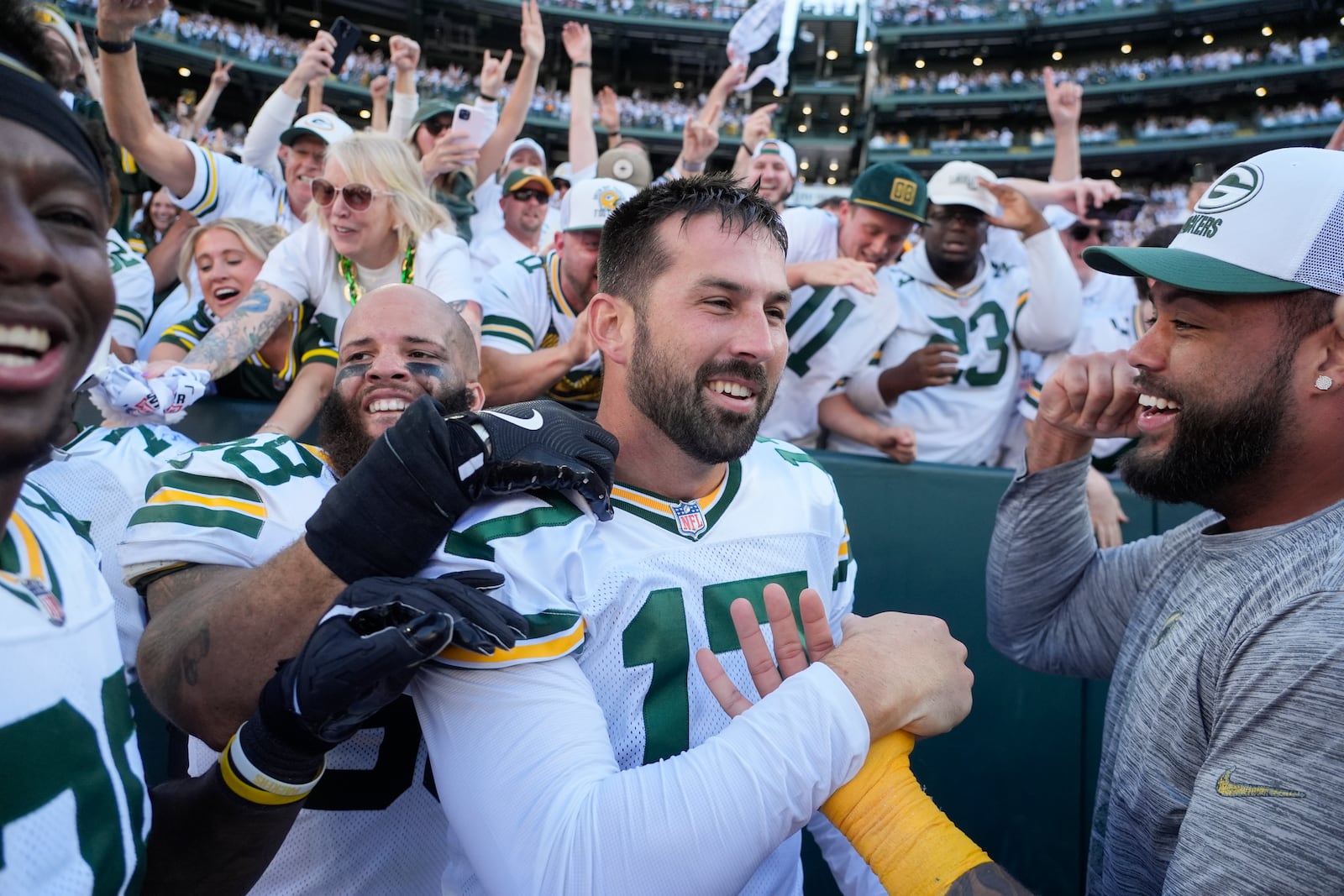 Green Bay Packers place kicker Brandon McManus (17) celebrates after kicking the game-winning field goal in the second half of an NFL football game, Sunday, Oct. 20, 2024, in Green Bay, Wis. The Packers won 24-22. (AP Photo/Morry Gash)