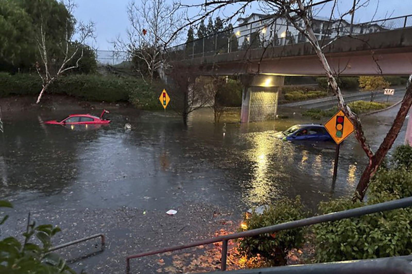 This image, provided by the Livermore Police Dept. shows flooding near the intersection of Murrieta Blvd. and Stanley Blvd. during a storm Saturday, Dec. 14, 2024 in Livermore, Calif. (Livermore Police Dept. via AP)