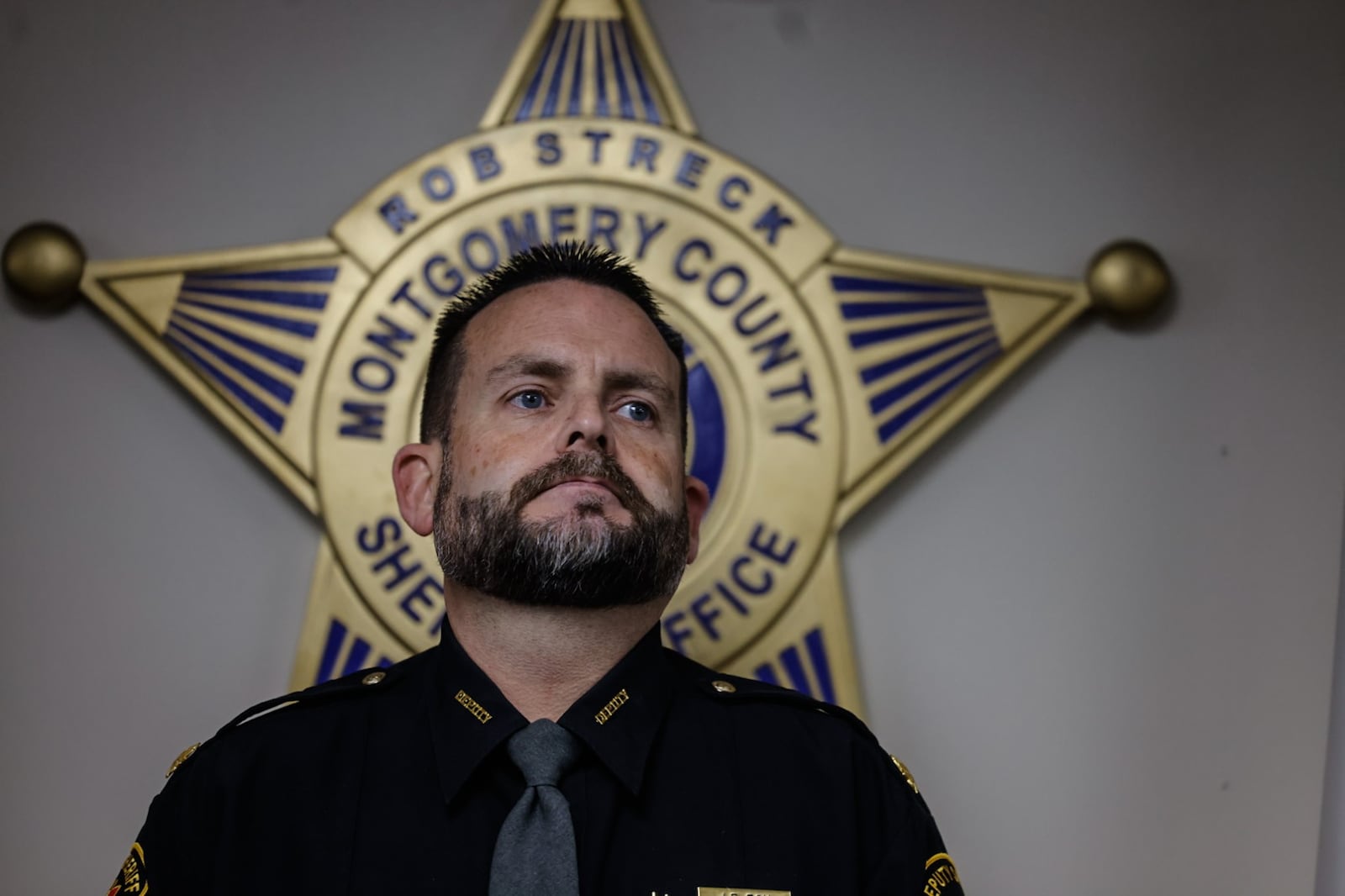 Montgomery County Sheriff's Maj. Jeremy Roy held a press conference concerning the shooting of a security guard at The Palms Lounge early Tuesday, Nov. 19, 2024, in Harrison Twp. JIM NOELKER/STAFF