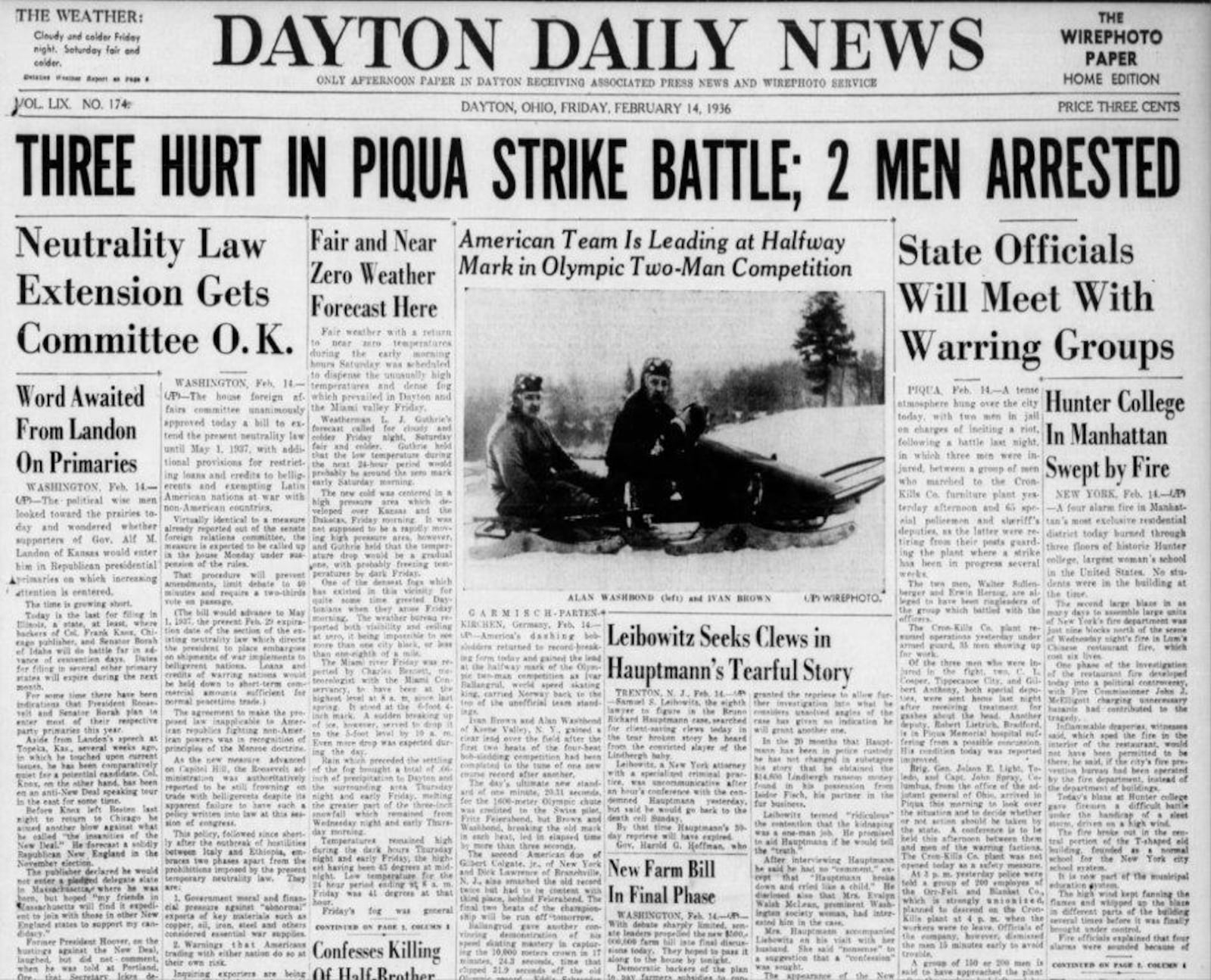 Dayton Daily News front page of Feb. 16, 1978.