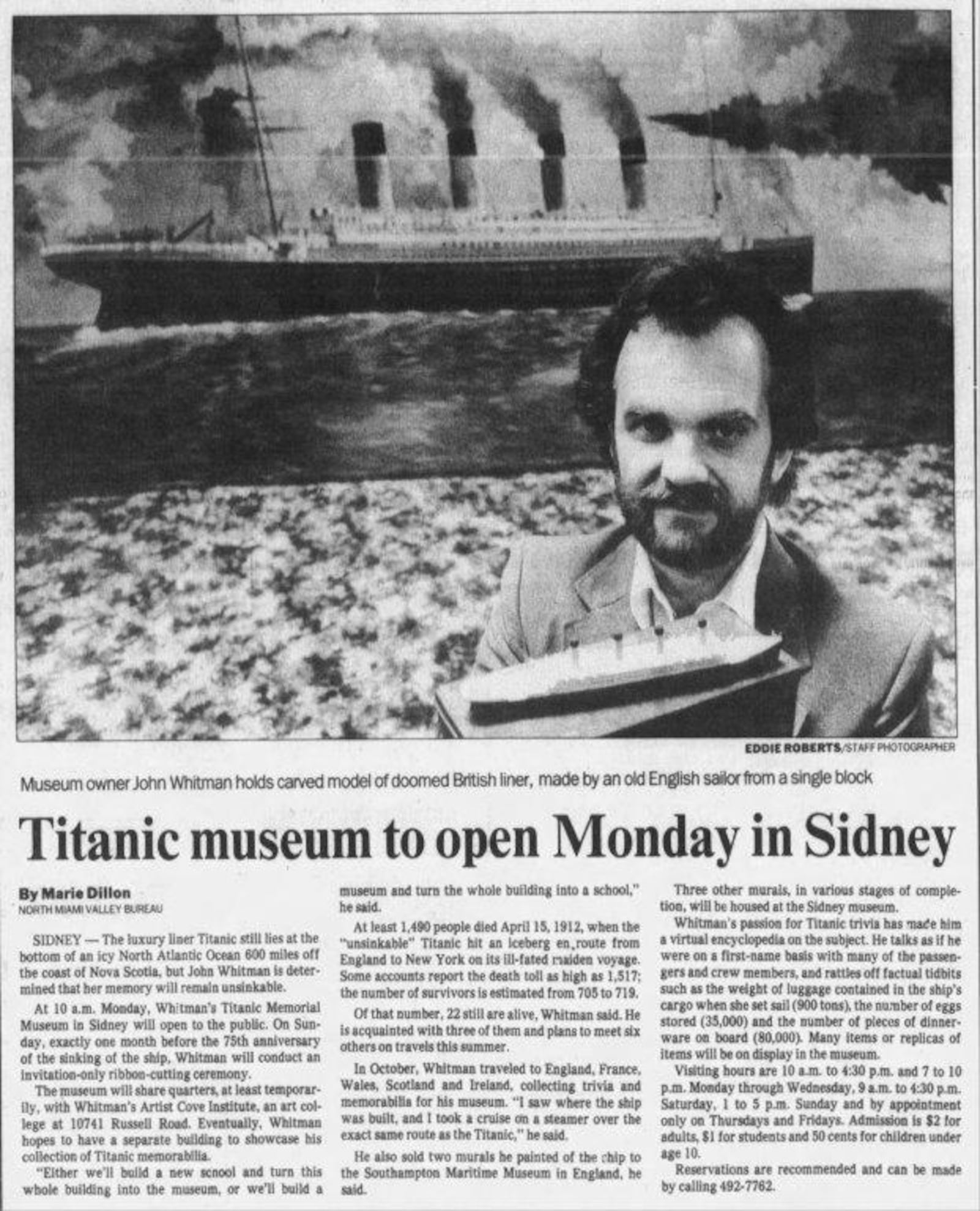 Dayton Daily News story from March 14, 1987 covering the Titanic museum in Sidney, Ohio.