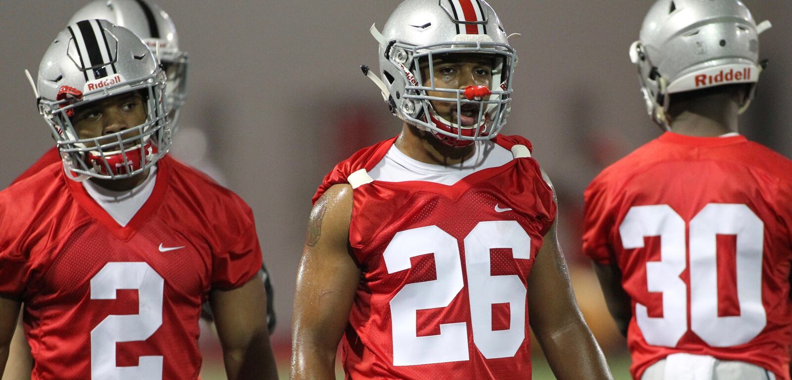 Ohio State’s J.K. Dobbins (2) and Antonio Williams (26) practice on Tuesday, March 6, 2017, at the Woody Hayes Athletic Center in Columbus. David Jablonski/Staff