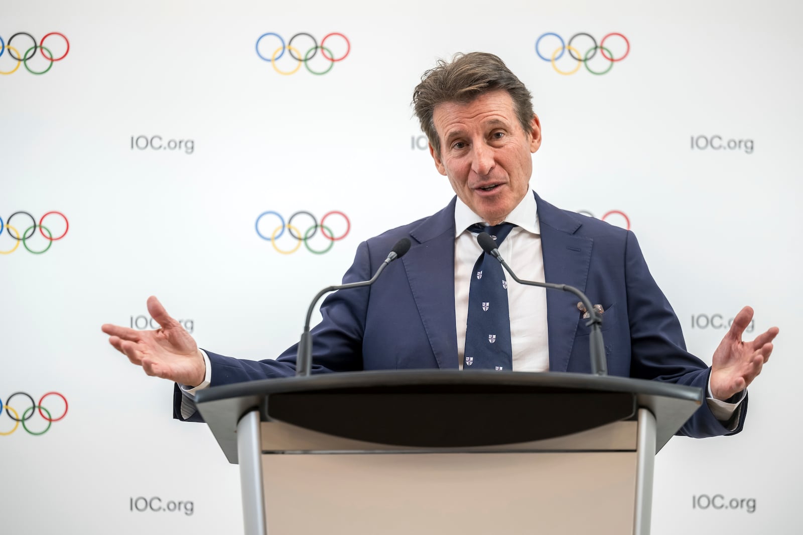 Candidate to the presidency of the International Olympic Committee (IOC) Sebastian Coe speaks during a press conference following a presentation before their fellow IOC members in Lausanne, Switzerland, Thursday, Jan 30, 2025 (Fabrice Coffrini/Pool Photo via AP)