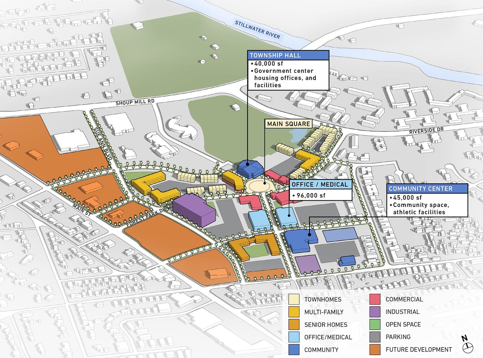 One proposal presented for the Forest Park site in Harrison Twp. includes creating a village square anchored by a relocated Harrison Township Government Center. MKSK STUDIOS