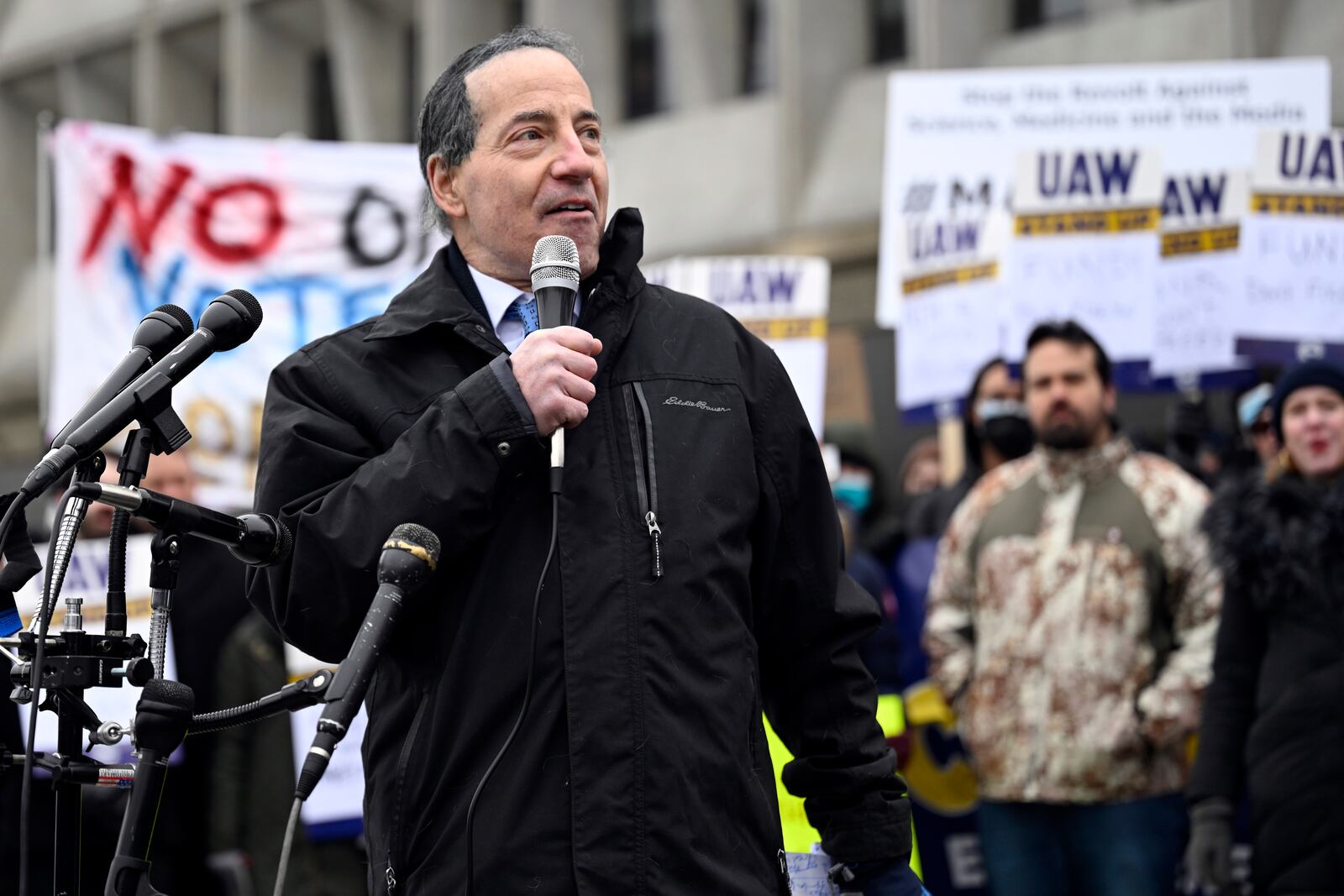 Rep. Jamie Raskin, D-Md., speaks at rally at Health and Human Services headquarters to protest the polices of President Donald Trump and Elon Musk Wednesday, Feb. 19, 2025, in Washington. (AP Photo/John McDonnell)