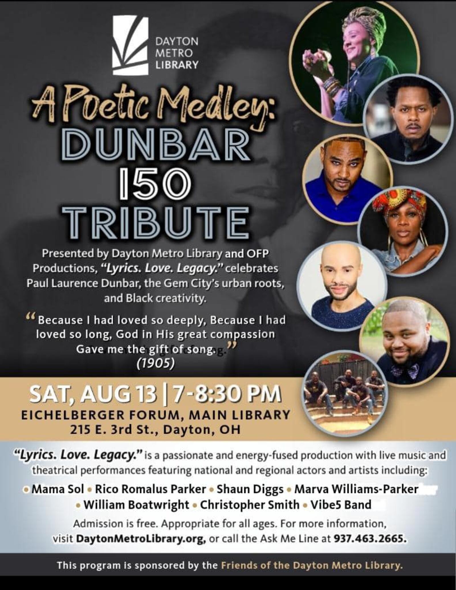 "A Poetic Medley: Dunbar 150 Tribute" will be held Aug. 13 at the Dayton Metro Library.