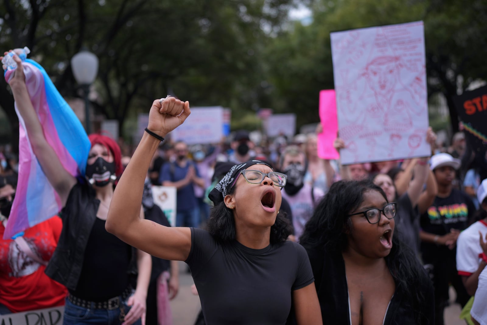 Protesters gather on steps of the Texas Capitol, Wednesday, Feb. 5, 2025, in Austin, Texas. (AP Photo/Eric Gay)