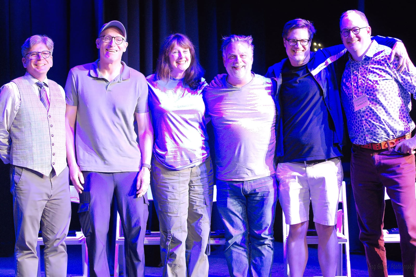 Left to right: Dayton Playhouse Board Chair Matthew Lindsay, playwright Mike Teverbaugh, playwright Catherine Butterfield, playwright Joe Ricci, playwright Alex Dremann, and playwright Erik Gernand. PHOTO BY RAY GEIGER