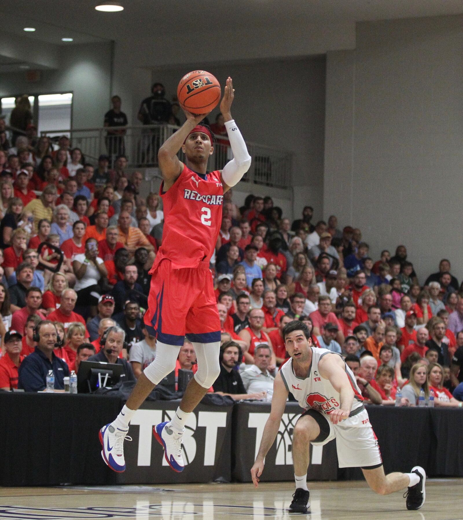 Red Scare’s Darrell Davis shoots a 3-pointer against Carmen’s Crew on Sunday, July 21, 2019.